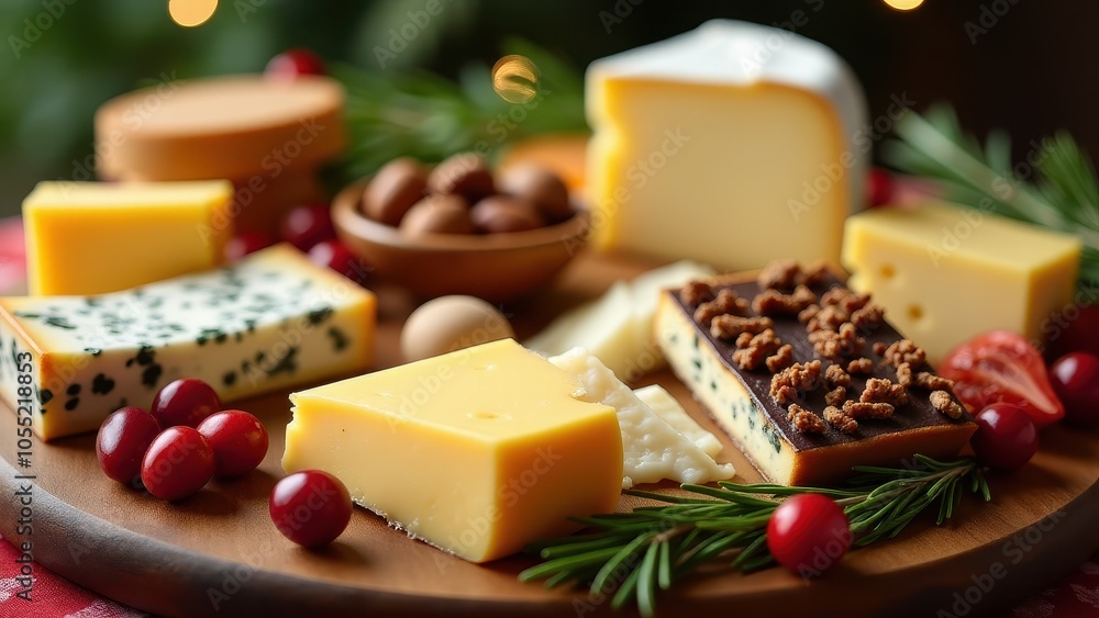 A rustic cheese board features an array of cheeses, adorned with cranberries, nuts, and rosemary sprigs, all set on a wooden platter. A rustic cheese board features an array of cheeses, adorned with cranberries, nuts, and rosemary sprigs, all set on a wooden platter.