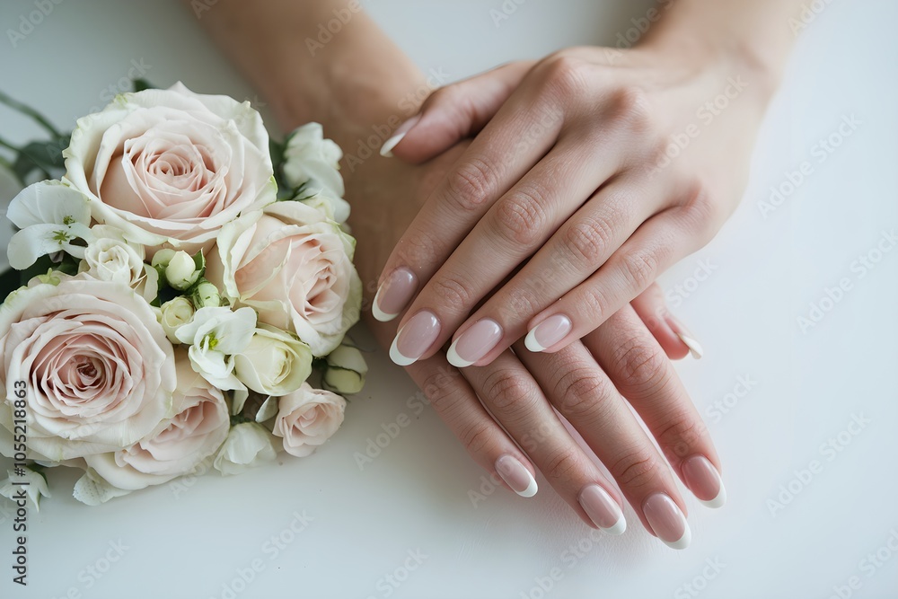 Well manicured hands beside bouquet of pale roses exude calm elegance Well manicured hands beside bouquet of pale roses exude calm elegance