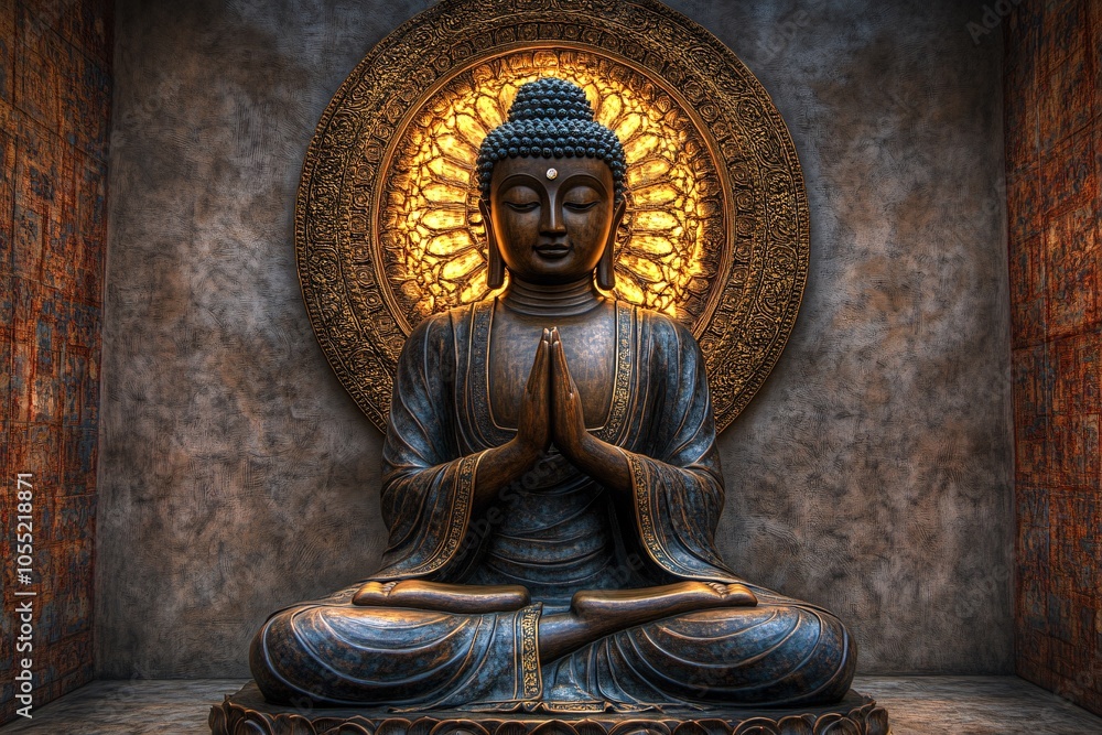 Obraz premium Serene Buddhist statue meditating on a lotus flower with a golden aura in a tranquil setting