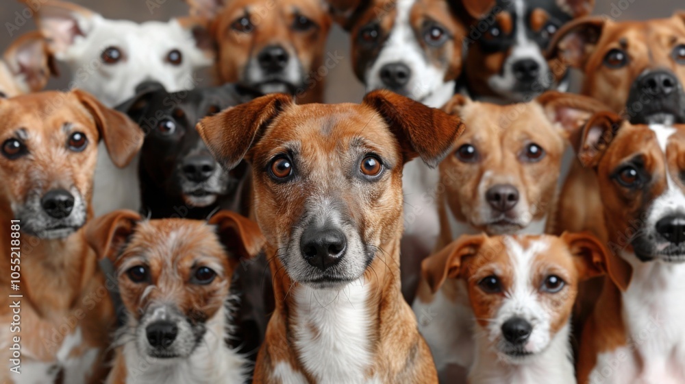 Group of jack russell terriers and mixed breed dogs looking forward indoors
Group of jack russell terriers and mixed breed dogs looking forward indoors
