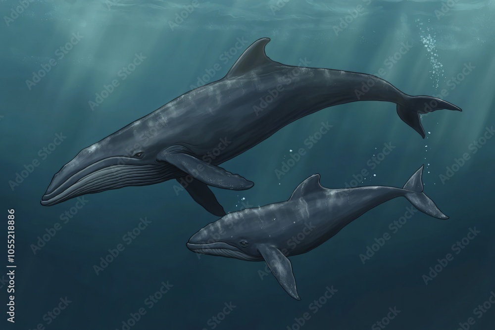 Obraz premium Baby Whale Swimming with Mother in the Ocean