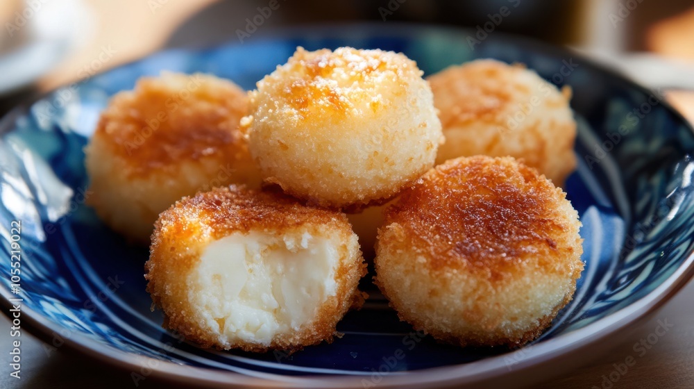 A plate of Yunnan-style fried goat cheese, the golden brown crust illuminated A plate of Yunnan-style fried goat cheese, the golden brown crust illuminated