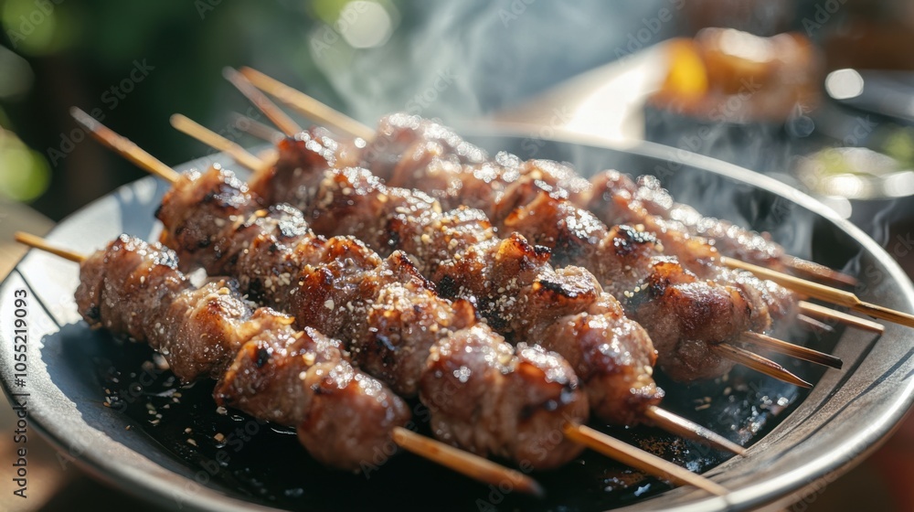 A plate of Yunnan-style grilled lamb skewers, the smoky flavors A plate of Yunnan-style grilled lamb skewers, the smoky flavors