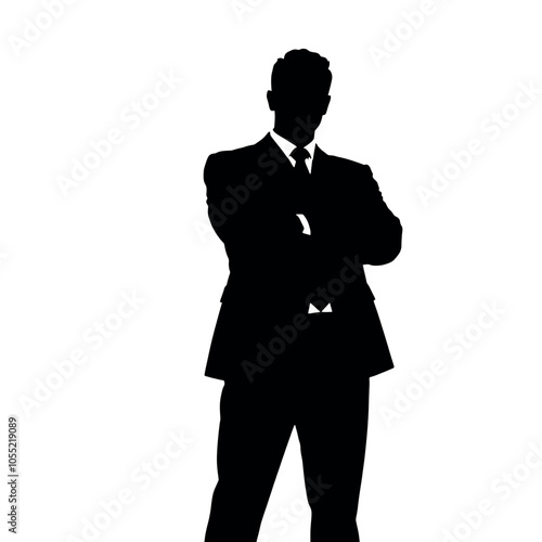 A businessman silhouette standing with crossed arms, facing forward with a strong, confident stance