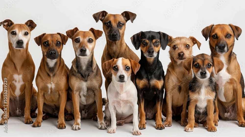 Group of nine mixed breed dogs sitting together against a white background
Group of nine mixed breed dogs sitting together against a white background