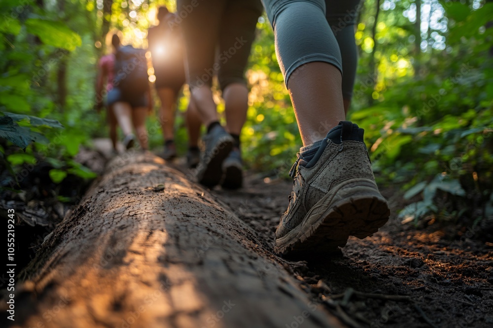 Group of hikers enjoying a forest trail during golden hour, surrounded by lush greenery and warm sunlight in the background Group of hikers enjoying a forest trail during golden hour, surrounded by lush greenery and warm sunlight in the background