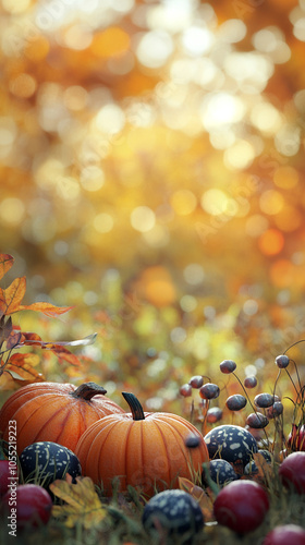 Happy Thanksgiving banner with pumpkins and autumn leaves vertical frame for instagram story, reel or tiktok background
