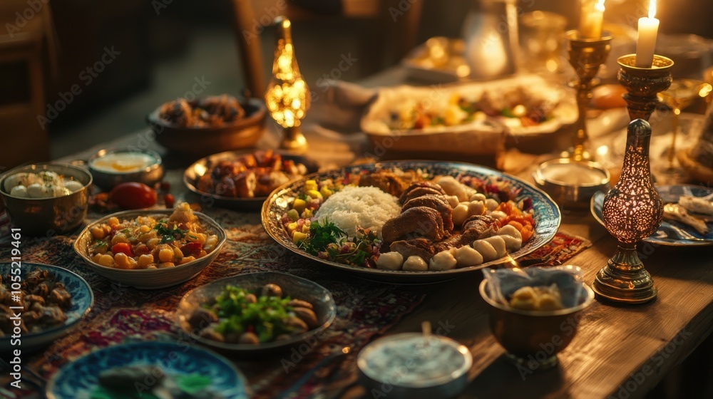 A Ramadan Iftar spread on a table, with evening light softly illuminating A Ramadan Iftar spread on a table, with evening light softly illuminating