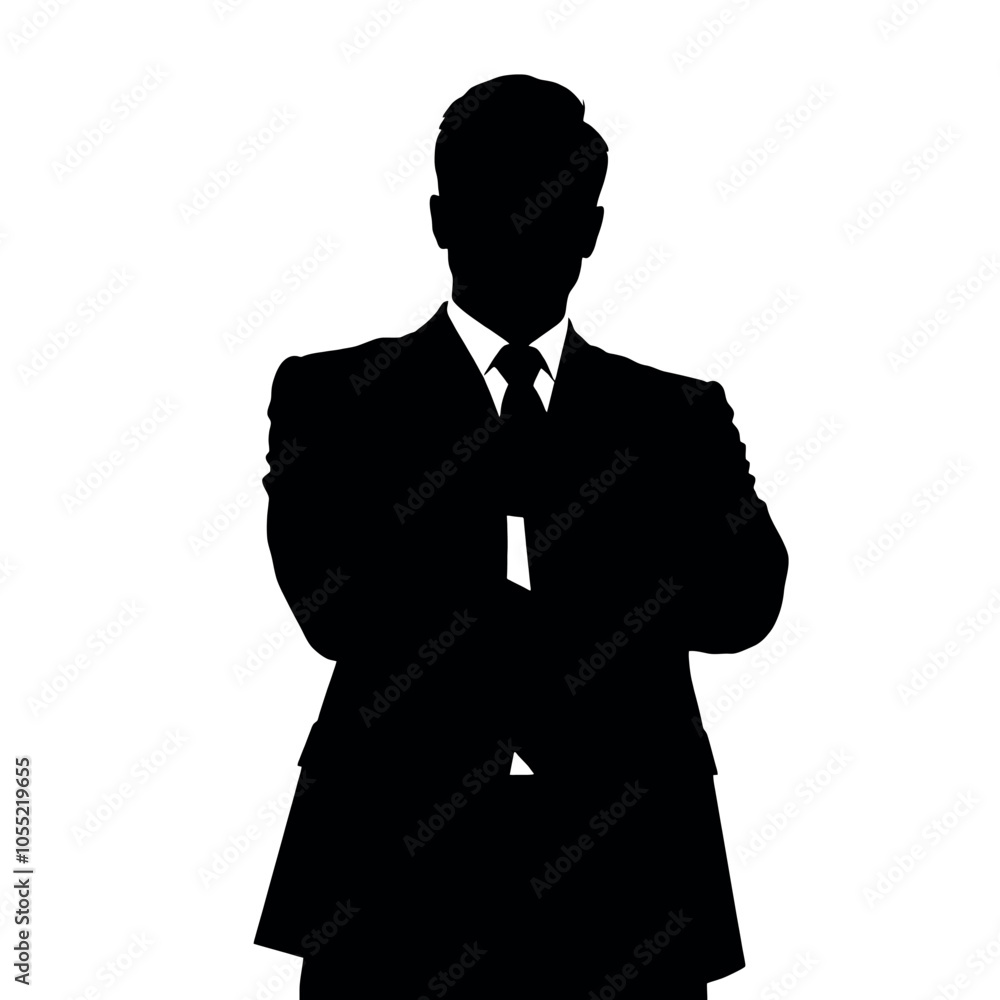 A businessman silhouette standing with crossed arms, facing forward with a strong, confident stance A businessman silhouette standing with crossed arms, facing forward with a strong, confident stance