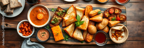 A wooden board with a variety of food items on it, including a bowl of soup