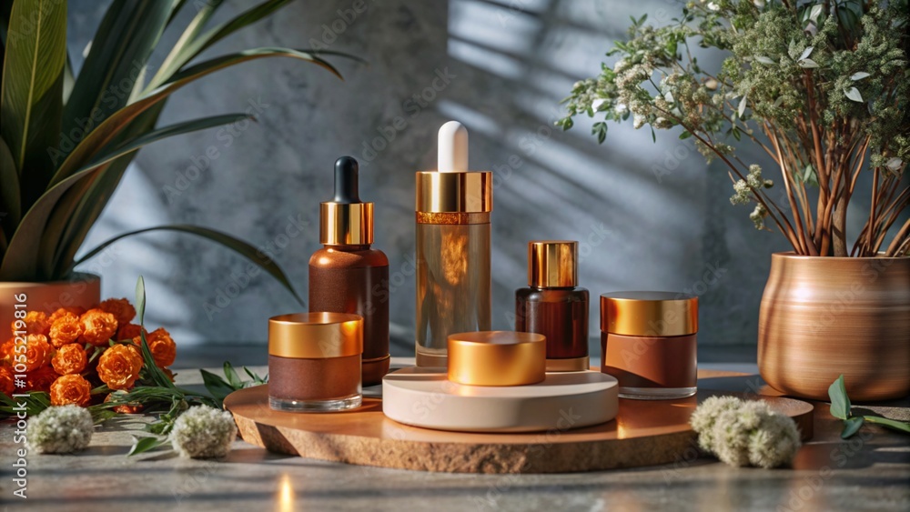 Cosmetic bottles and jars are on the podium surrounded by flowers: beauty cosmetics, natural products, and presentation. Cosmetic bottles and jars are on the podium surrounded by flowers: beauty cosmetics, natural products, and presentation.