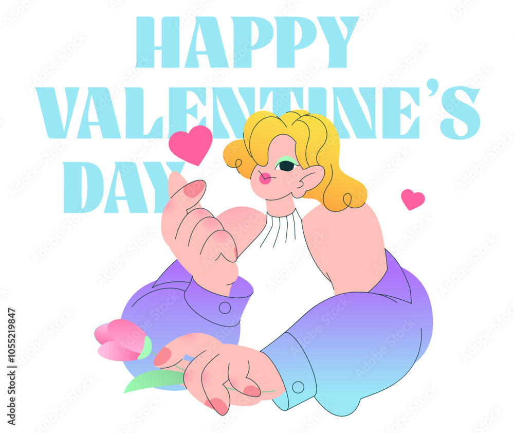 Lettering Happy Valentine's Day with young woman doing the finger heart gesture Lettering Happy Valentine's Day with young woman doing the finger heart gesture