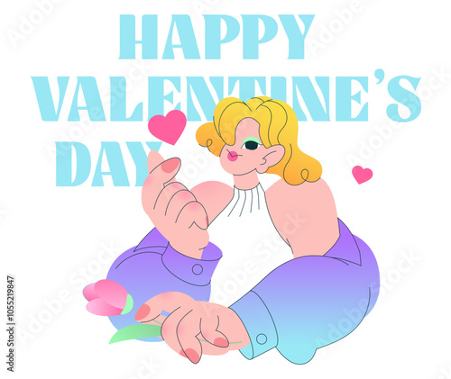 Lettering Happy Valentine's Day with young woman doing the finger heart gesture