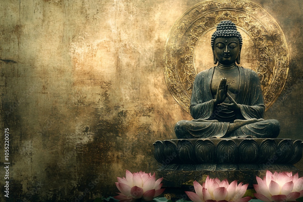 Serene Buddhist statue meditating on a lotus flower with a golden aura in a tranquil setting Serene Buddhist statue meditating on a lotus flower with a golden aura in a tranquil setting