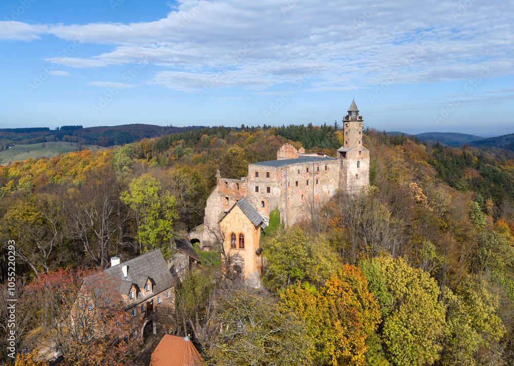 Aerial view of Grodno castle (Zamek Grodno) in Zagorze Slaskie, Poland