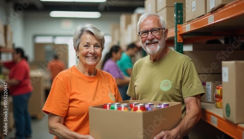 A senior couple joyfully volunteers at a community food bank, preparing supplies for distribution in a warm and welcoming environment, enhancing food security for local families