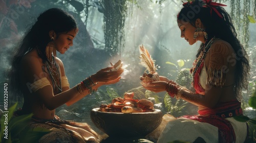 A scene of friends exchanging Indigenous gifts, with realistic lighting photo