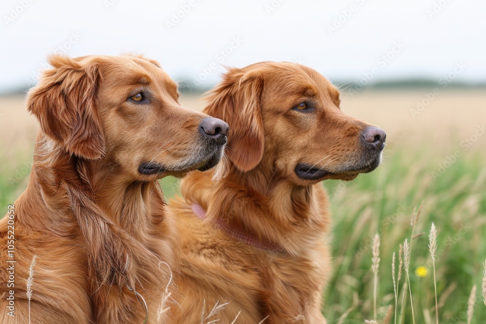 Obraz premium Two Golden Retrievers sit side by side in a grassy field, looking attentively at something in the distance, surrounded by nature