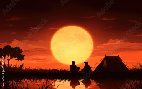 Friends camping by a lake, sitting by the tent and watching the sunset, with reflections on the water