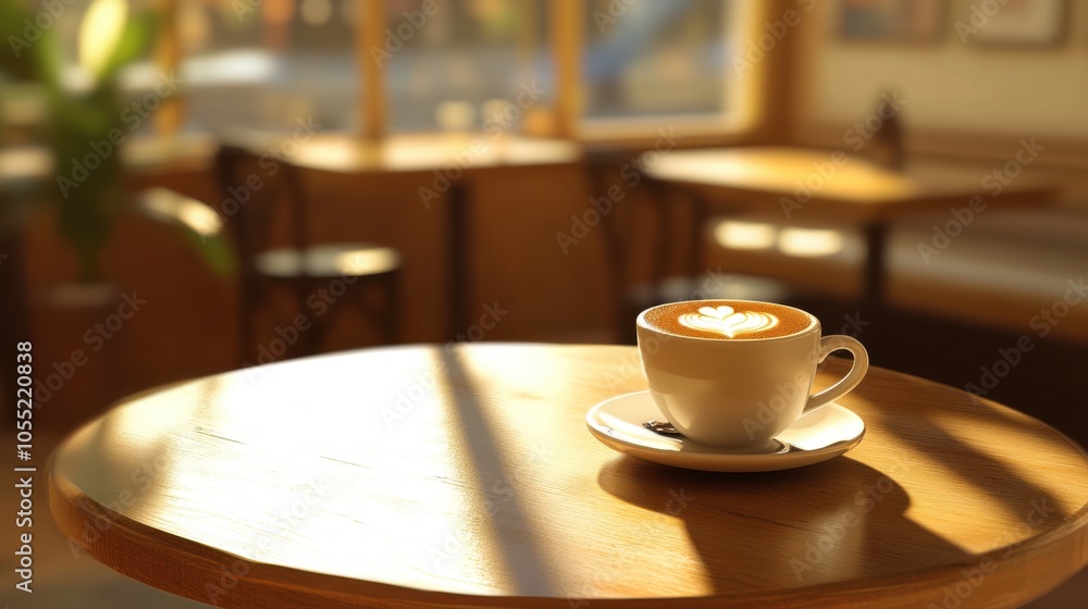 A serene coffee shop setting with a cappuccino on a wooden table A serene coffee shop setting with a cappuccino on a wooden table