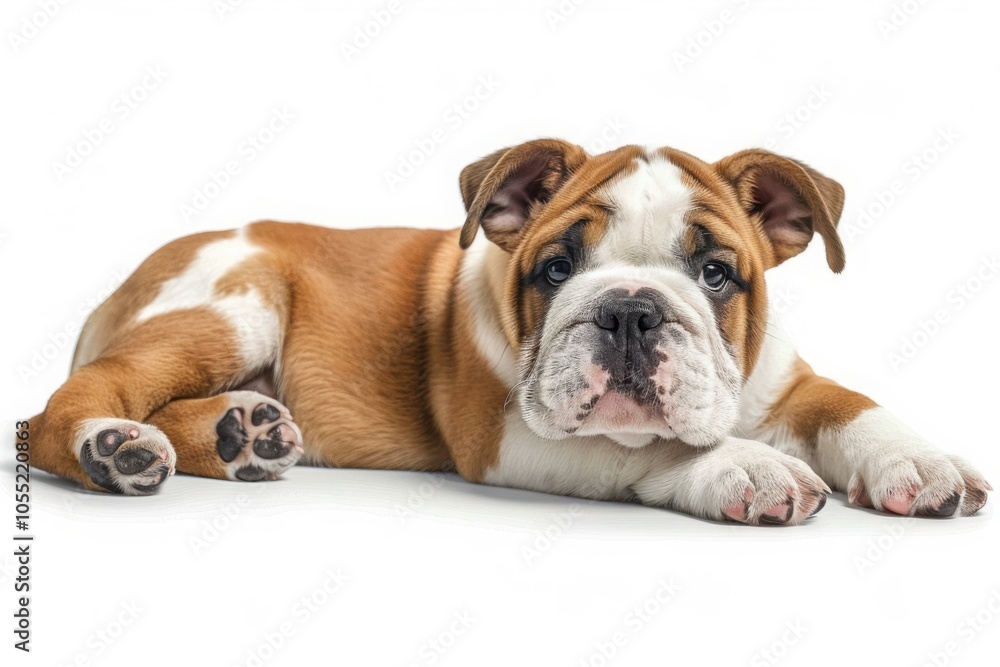 An English Bulldog puppy lies down on a white background, showcasing its calm and relaxed demeanor
An English Bulldog puppy lies down on a white background, showcasing its calm and relaxed demeanor