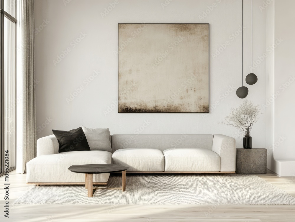 Cozy family room featuring white walls, a light gray sofa, and one piece of statement art for a sleek design Cozy family room featuring white walls, a light gray sofa, and one piece of statement art for a sleek design