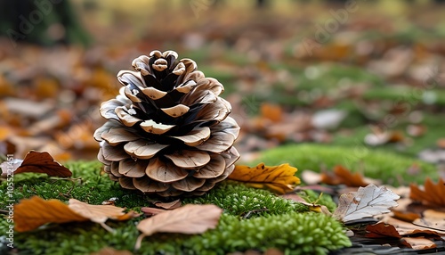 Single Pinecone on Soft Moss and Fallen Leaves with Ample Space for Copy