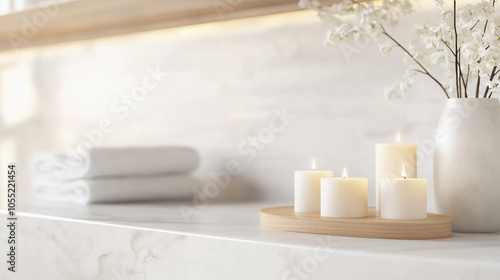 Minimalist spa decor with lit candles, folded towels, and white vase on a marble countertop. Relaxing wellness setting with soft natural light.