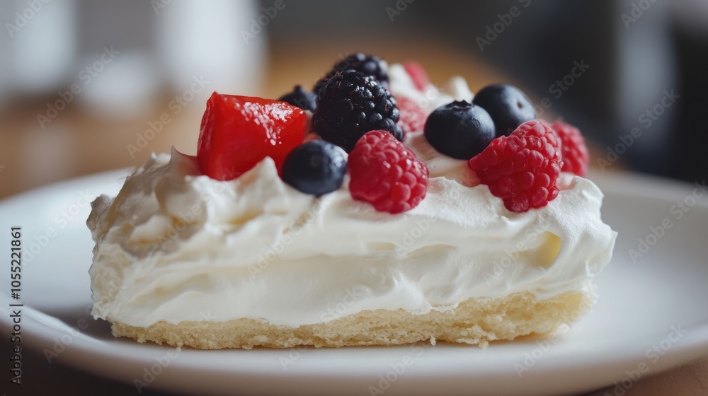 Slice of Pavlova with Whipped Cream and Berries Slice of Pavlova with Whipped Cream and Berries