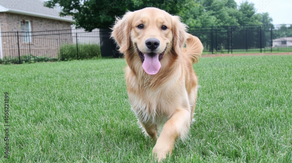 Golden retriever running joyfully through a grassy meadow, tongue out and tail wagging Golden retriever running joyfully through a grassy meadow, tongue out and tail wagging