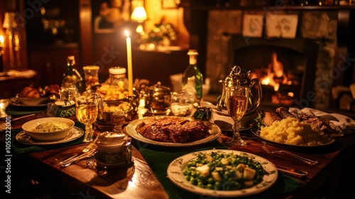 A table set for a St. Patrick's Day feast with traditional Irish dishes,