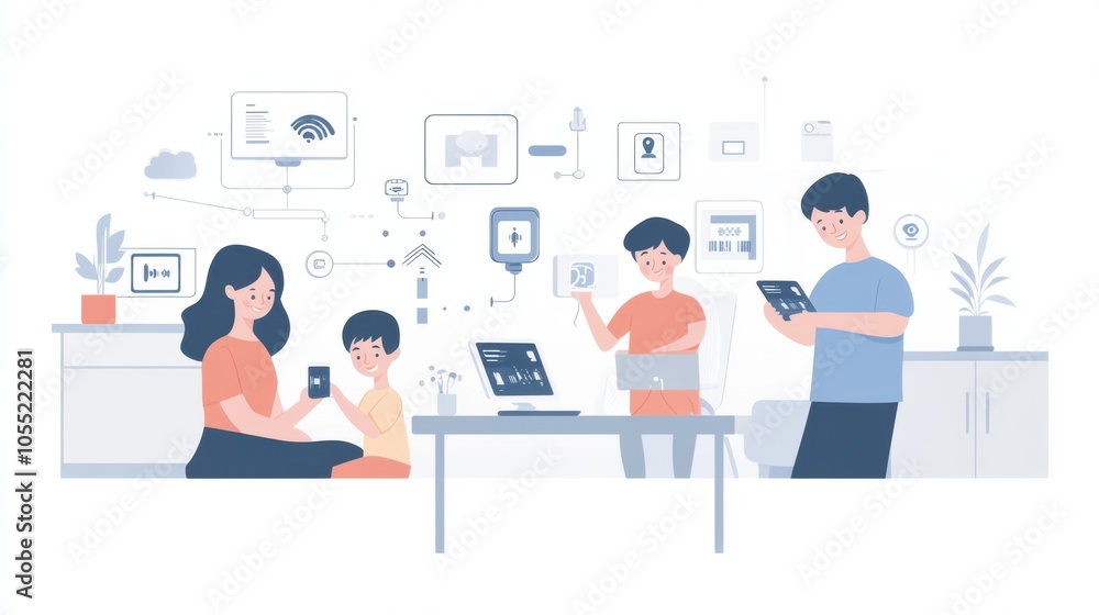 A tech-savvy Asian family using smart home devices, A tech-savvy Asian family using smart home devices,