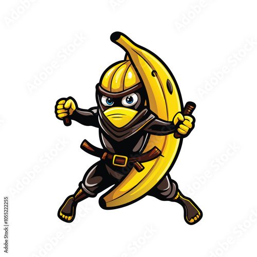 A cartoon banana dressed in a black ninja outfit, complete with a headband and mask, is striking a heroic pose while perched atop a ripe fig.