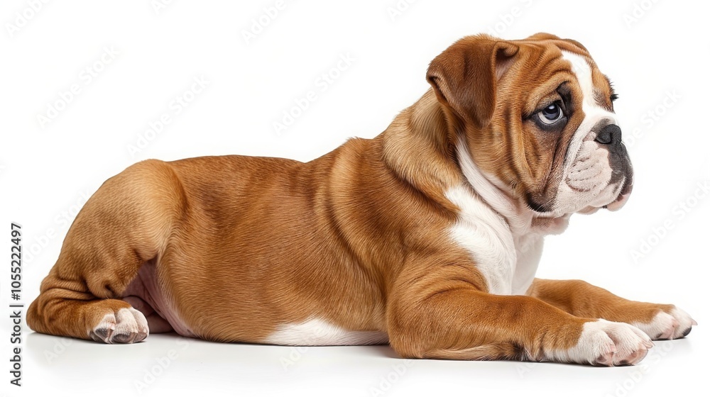 A young English Bulldog puppy lies down on a white background, showcasing its adorable and calm demeanor
A young English Bulldog puppy lies down on a white background, showcasing its adorable and calm demeanor