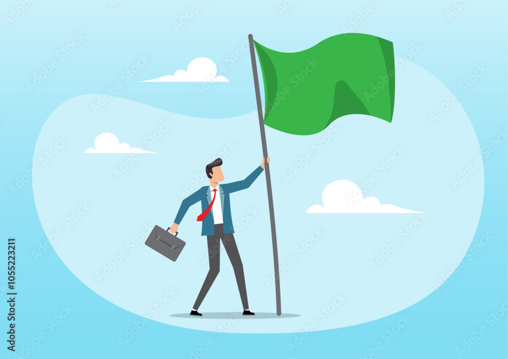 Success businessman raising winning flag with triumph and proud Success businessman raising winning flag with triumph and proud