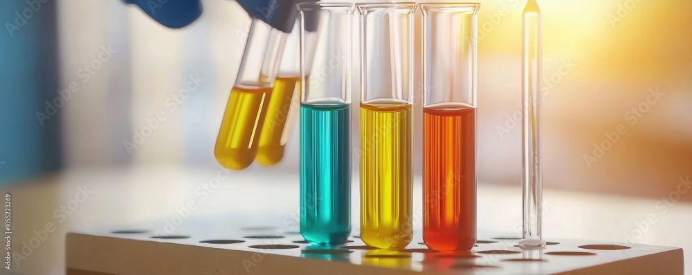 Lab technician working with test tubes, carefully mixing chemicals in a bright, sterile environment Lab technician working with test tubes, carefully mixing chemicals in a bright, sterile environment