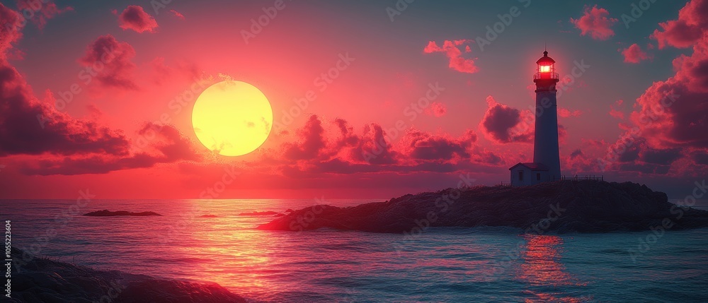 Lighthouse at Sunset, majestic silhouette against vibrant horizon, rocky coastline, serene atmosphere, tranquil evening scene Lighthouse at Sunset, majestic silhouette against vibrant horizon, rocky coastline, serene atmosphere, tranquil evening scene