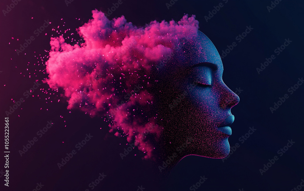 Abstract representation of thoughts with colorful cloud above a serene face. Abstract representation of thoughts with colorful cloud above a serene face.