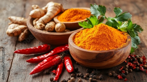 Fresh Turmeric and Chili Spices on Rustic Kitchen Counter photo