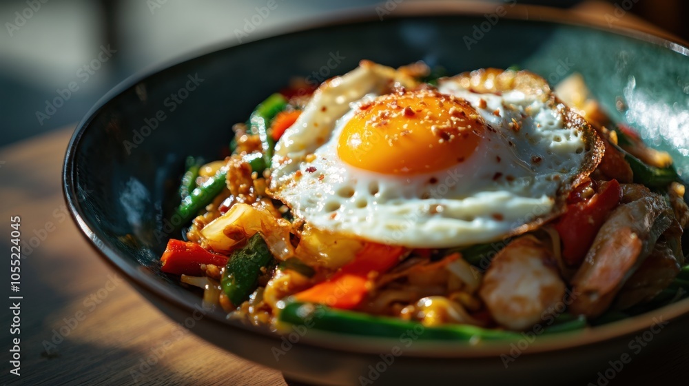 A vibrant Central Thai dish of Pad Kra Pao with fried egg A vibrant Central Thai dish of Pad Kra Pao with fried egg