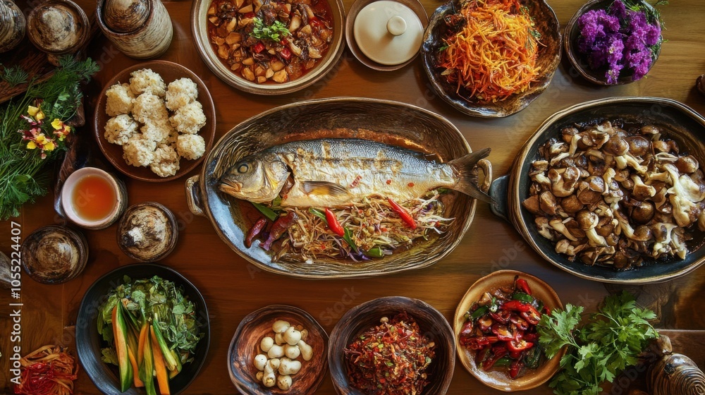 A vibrant spread of Yunnan dishes including steamed fish, A vibrant spread of Yunnan dishes including steamed fish,