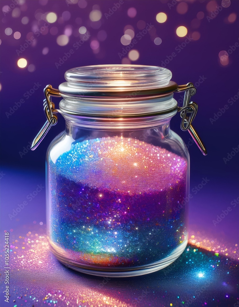 Magic potion in glass jar with colorful sparkles. 3D rendering Magic potion in glass jar with colorful sparkles. 3D rendering
