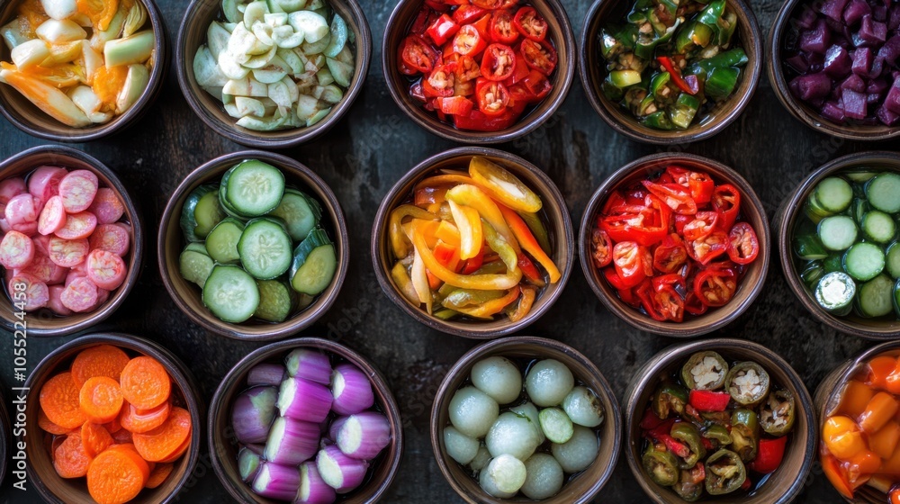 A vibrant spread of Yunnan pickled vegetables, with their bright colors A vibrant spread of Yunnan pickled vegetables, with their bright colors