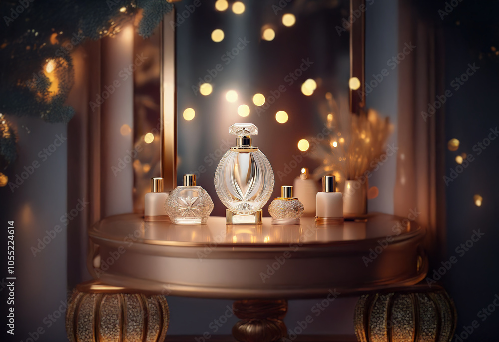 A collection of perfume bottles and other beauty products are displayed on a table with a bokeh background. A collection of perfume bottles and other beauty products are displayed on a table with a bokeh background.