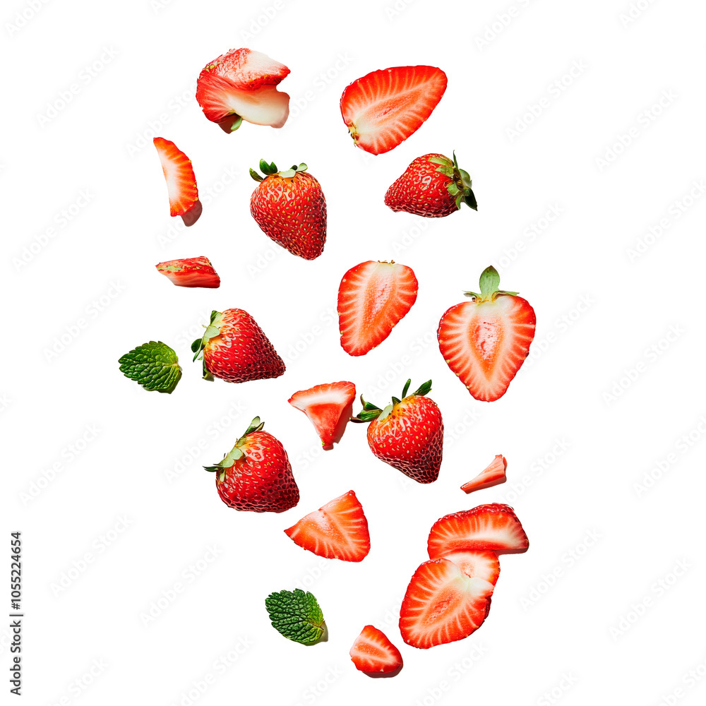 Strawberries slices flying on transparent background. Strawberries slices flying on transparent background.