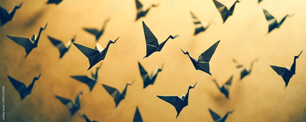 A dynamic display of origami cranes suspended in mid-air against a warm background. A dynamic display of origami cranes suspended in mid-air against a warm background.
