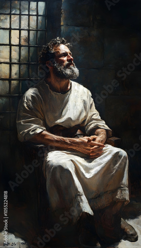 1. The Apostle Paul is positioned in a reflective state within the confines of a prison environment. photo