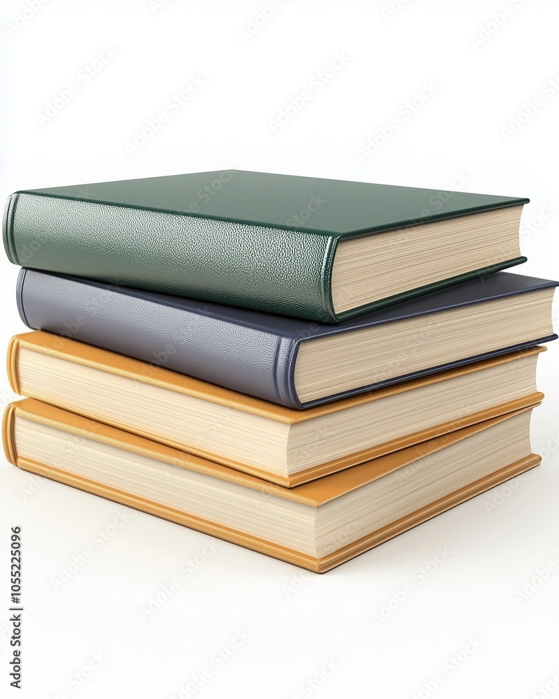Stacked leather-bound books with green, gray, yellow cover against a plain white backdrop. Stacked leather-bound books with green, gray, yellow cover against a plain white backdrop.