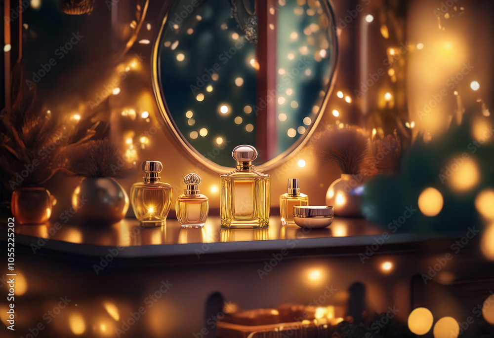 A vanity table with a mirror, five bottles of perfume, and fairy lights. The bottles are arranged in a row, with the largest bottle in the center. A vanity table with a mirror, five bottles of perfume, and fairy lights. The bottles are arranged in a row, with the largest bottle in the center.
