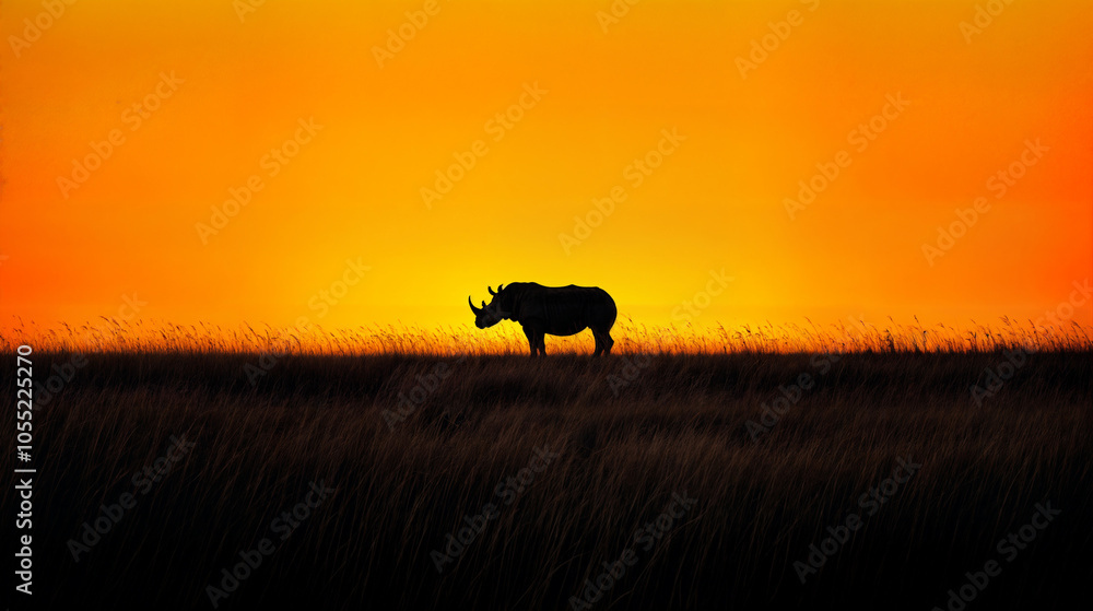 Silhouette of a Rhino in African Grasslands at Sunset – Majestic Wildlife Scene with Vibrant Orange Sky and Tall Grass in Serengeti Silhouette of a Rhino in African Grasslands at Sunset – Majestic Wildlife Scene with Vibrant Orange Sky and Tall Grass in Serengeti